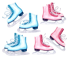 A set of figure skates in pink and blue on a white background. Sports equipment for winter pastime drawn by hand with watercolor.
