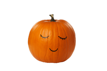 PNG, Pumpkin with eyelashes and white flowers, isolated on white background