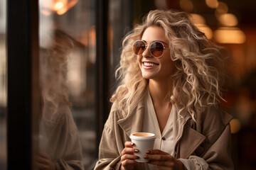 Happy smiling blonde woman having a coffee in a windowed cafe. AI generated.