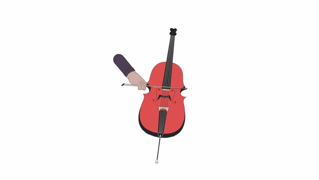 Playing cello with bow line 2D character hand animation. Jazz flat color cartoon 4K video, alpha channel. Musician hand playing music instrument animated person body part on white background