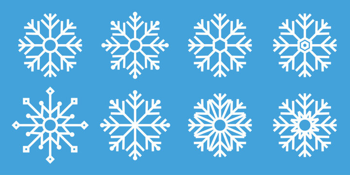 Set blue snowflake icons collection isolated on blue background.
