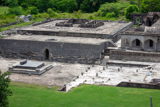 View of the excavated palace site in the Gingee Fort complex in Villupuram district, Tamil Nadu, India. Focus set on hill rocks.