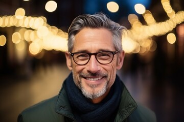 portrait of smiling senior man with eyeglasses in city at night - obrazy, fototapety, plakaty