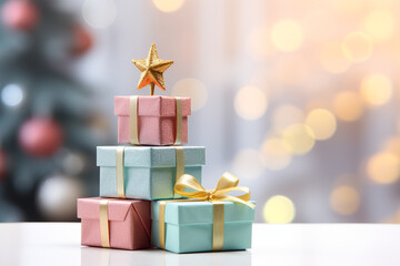 pastel colored Christmas presents stacked in shape of christmas tree with golden star on top, bokeh in the background