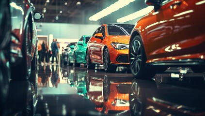 Colorful Cars Lined Up in Glowing Dealership Display - obrazy, fototapety, plakaty