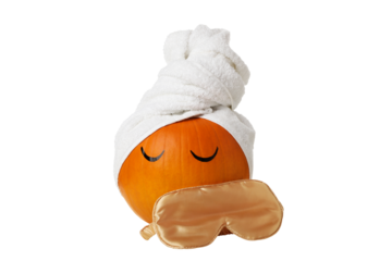 PNG, Pumpkin with eyelashes and a sleeping mask, isolated on white background