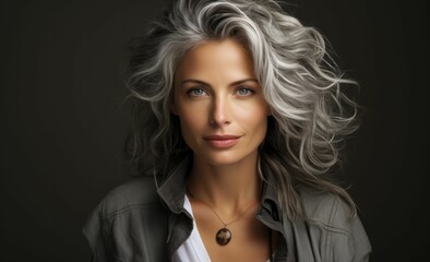 Elegante mittelalte Frau mit grauen Haaren vor modernem grauem Hintergrund - Perfekt für Kosmetik, Hairstyling, Lifestyle und Modekonzepte