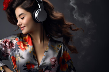 woman listening to music with headphones, generative ai