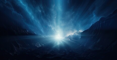 Blue light flow from a shining spot in a dark space, in the style of post - apocalyptic backdrops - Powered by Adobe