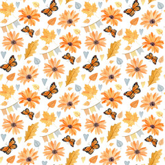 Fototapeta na wymiar Watercolor autumn seamless pattern with handdrawn orange flowers, fall leaves, flags, butterflies for autumn decoration