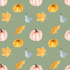 Watercolor autumn seamless pattern with handdrawn orange flowers, fall leaves, pumpkins, butterflies for autumn decoration