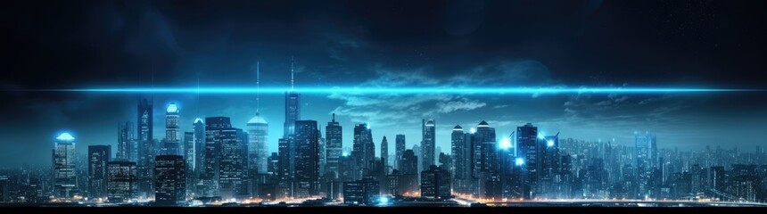 Futuristic cityscape at night with stars, in the style of dark cyan and dark black, rtx on, sparse backgrounds