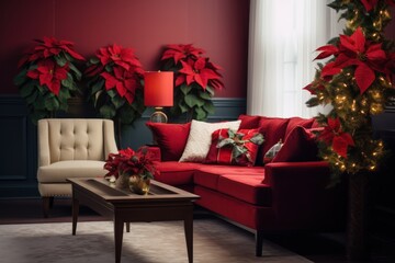 Fototapeta na wymiar A cozy living room decorated for the holidays, with poinsettia plants adding warmth and color to the space. Generative Ai