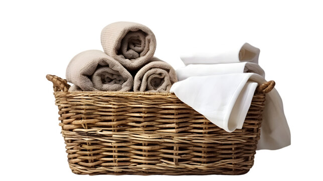 Natural Linen Towel in Basket Isolated on Transparent or White Background, PNG