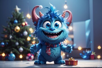Cute blue christmas monster 3D cartoon character. Generative Ai. - obrazy, fototapety, plakaty