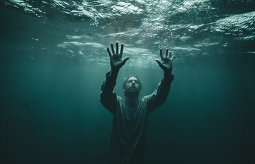 Person, man under water, sinking, life or death situation - obrazy, fototapety, plakaty