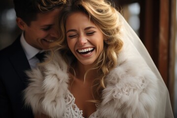 The bride and groom are cheerful and happy walking in the snow in a winter park