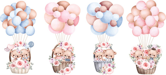 Watercolor illustration set of Teddy bear and balloons