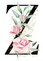 Black letter Z with pink watercolor flowers and green and golden leaves, isolated illustration