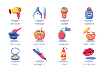 Icon set beauty in flat cartoon design. Care and beauty are the main motif of this picture, which depicts various beauty products: cosmetics, hair dryer, etc. Vector illustration.