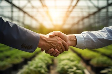 Hands shake in firm agreement beneath the softly diffused sunlight of translucent greenhouse panels, with a blurred backdrop of varied crops symbolizing a united venture in sustainable, controlled far