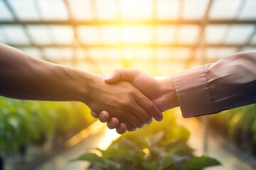 Hands shake in firm agreement beneath the softly diffused sunlight of translucent greenhouse panels, with a blurred backdrop of varied crops symbolizing a united venture in sustainable, controlled far