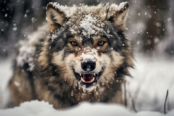 a wolf playing in the snow - obrazy, fototapety, plakaty