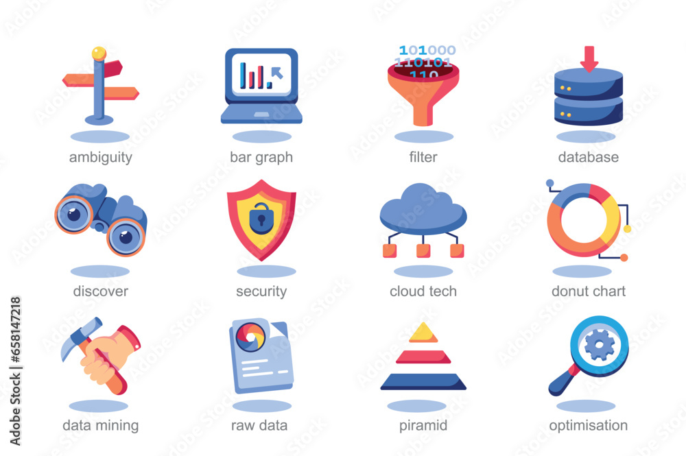 Poster icon set data analysis in flat cartoon design. this set of icons features playful representations of