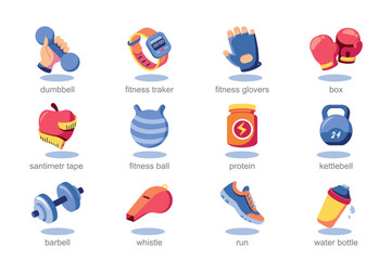Icon set fitness in flat cartoon design. This set demonstrate dumbbells and balls to healthy snacks and water bottles, these icons capture the essence of a healthy lifestyle. Vector illustration.