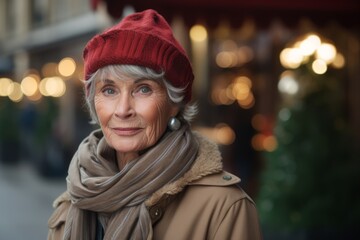 Portrait of beautiful senior woman in hat and scarf at Christmas market