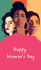 Vector flat banner place for text for International Women's Day, strong women of different cultures. rights and freedoms. Vector concept of movement for gender equality and women's empowerment