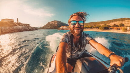 Cheerful handsome man driving a jet ski during summer vacation. Generative Ai - obrazy, fototapety, plakaty