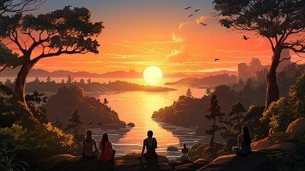 a wonderful landscape illustration at sunset, people watching the horizon.