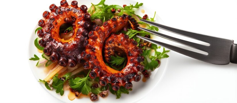 Delicious grilled octopus on a fork with fresh greens on white background