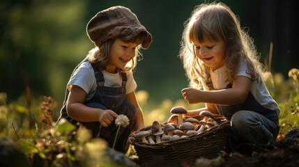 Children collect mushrooms in the forest. - obrazy, fototapety, plakaty
