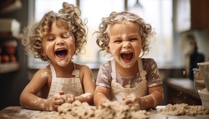 Twin sister cooking and playing with flour in the kitchen background.