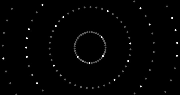 4k circular halftone tunnel on transparent background (Alpha Channel) Little white circles random change opacity. HUD design. Festive Christmas pattern. Seamless looped animated banner. Modern trendy 