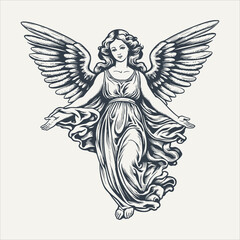 Angel girl. Vintage woodcut engraving style vector illustration.	