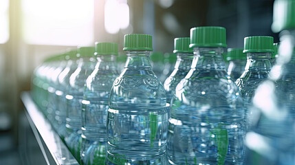 Drinking water are bottled in plastic bottles in a clean factory. Generative Ai