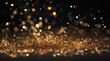 Gold sparkle stars background with bokeh glitter explosion on a black background. Generative Ai