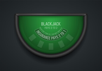 Black jack table with green cloth on dark background. Vector illustration. - obrazy, fototapety, plakaty