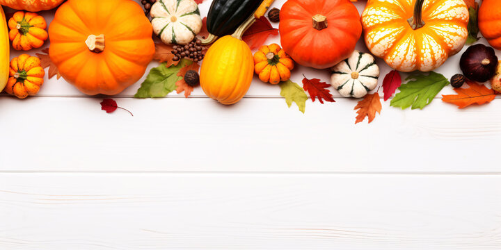 Autumn Bounty: Pumpkins, Leaves, and Squashes on Rustic Table