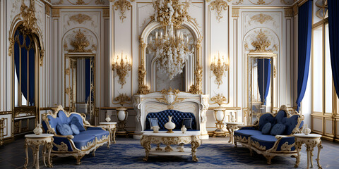 Plush Royal Blue Couch in Classic Interior ,   Lavish Upholstered Sofa with Cushions AI Generative


