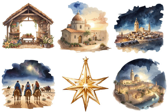 Holy Nativity Scene with Star, Church, Star of David Watercolor Transparent PNG Clipart Collection