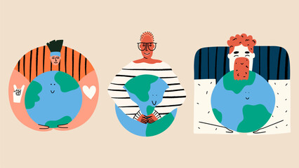 Different people holding planet earth.  Caring planet and climate change. Sustainable living concept. ESG set. Vector hand draw style illustration. - obrazy, fototapety, plakaty