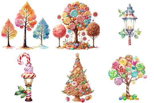 Christmas Gingerbread Kingdom Pictures of Candy Trees and Street Lights Watercolor Transparent PNG Clipart Collection