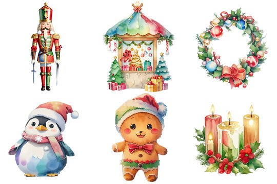 Cute Whimsical Christmas Images with Teddy Bear, Penguin, Nutcracker Watercolor Transparent PNG Clipart Collection