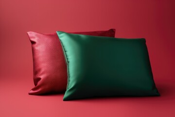 Two green and red satin pillows on red background