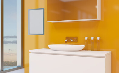 Scandinavian bathroom, classic  vintage interior design. 3D rendering..Mockup.   Empty paintings