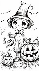Black and white coloring pages for kids of a child dressed up for halloween night